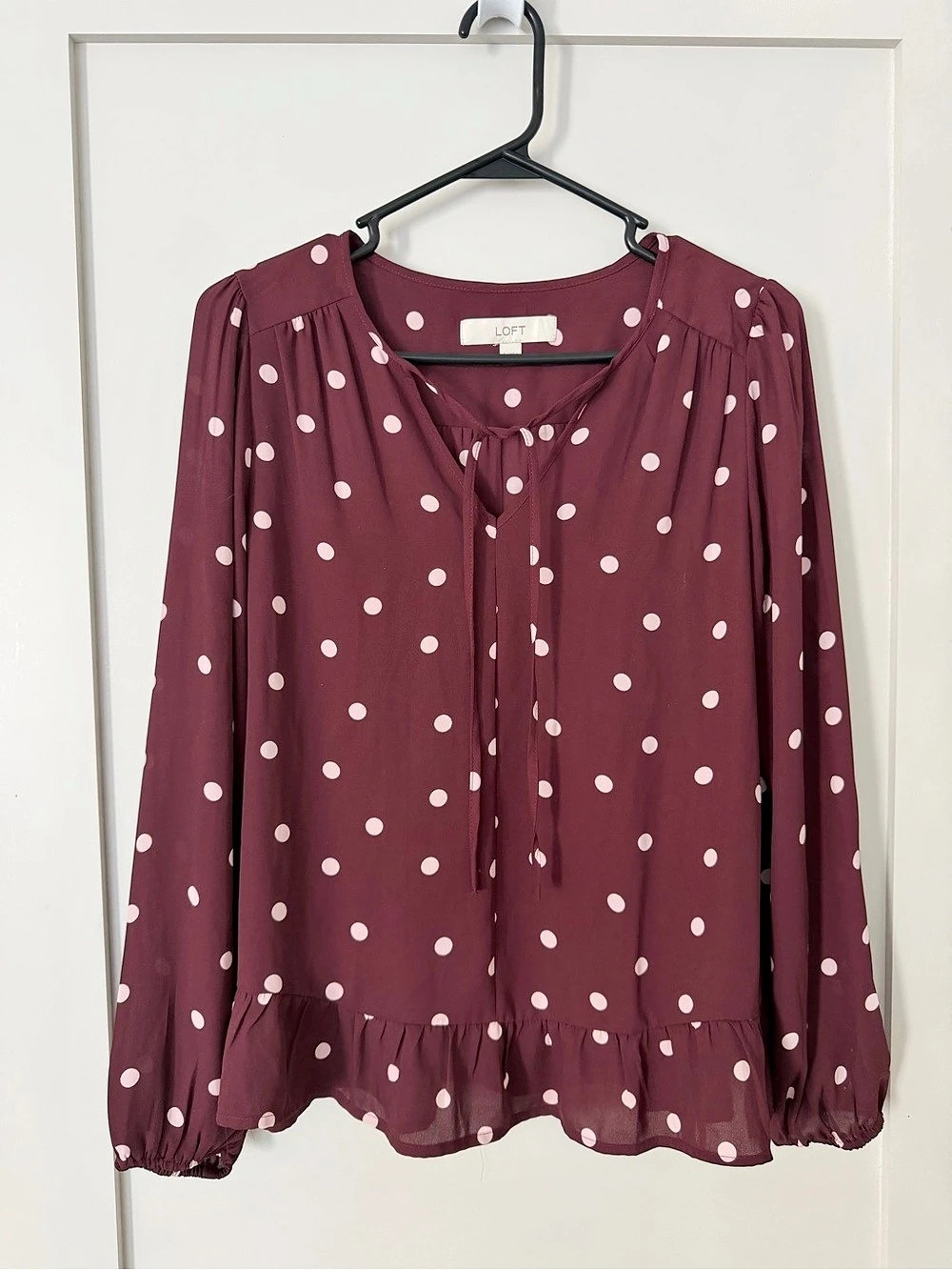 LOFT Polka Dot Tie Neck Ruffle Hem Blouse Maroon & White Small